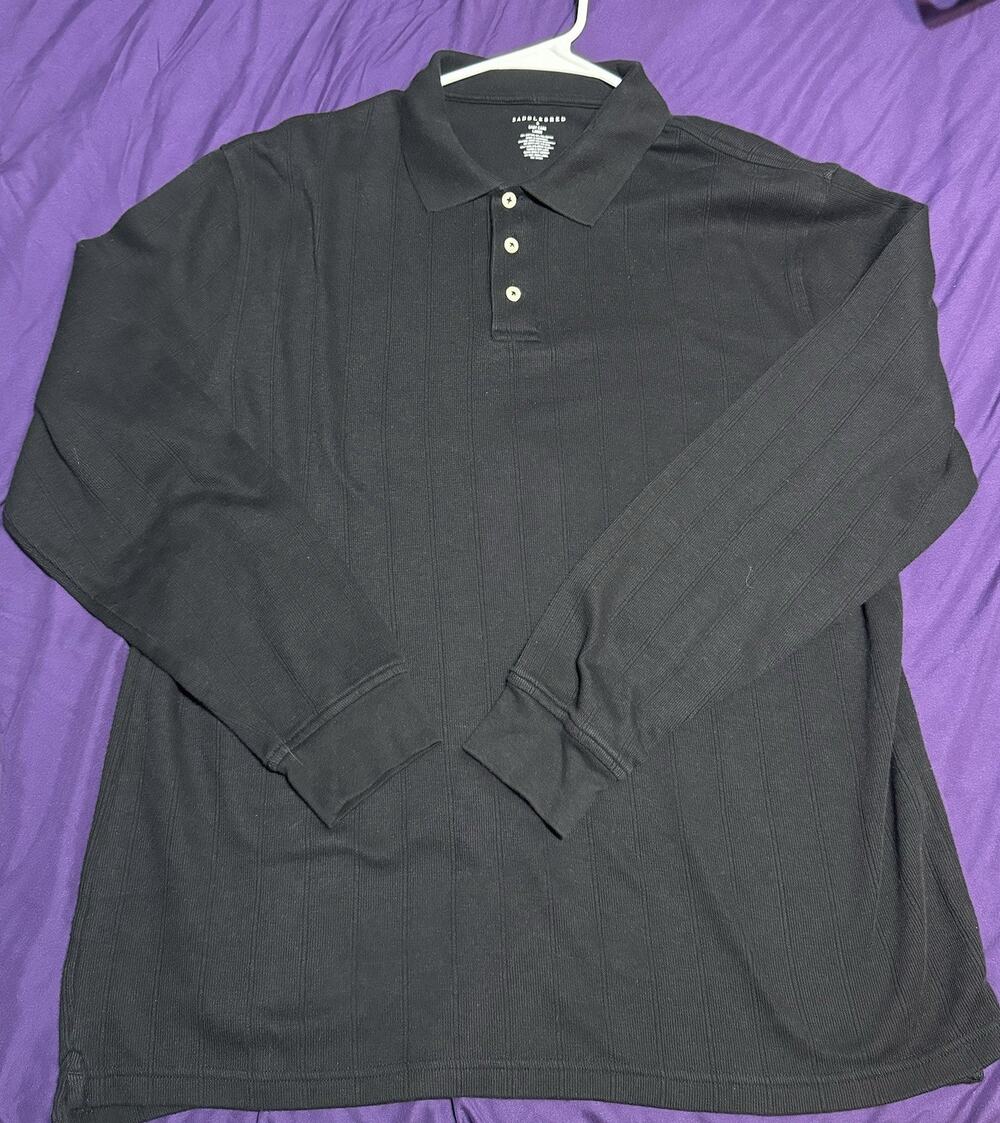 Saddlebred Men’s Large Black Long Sleeve Polo Shirt 60% Cotton Ribbed Texture